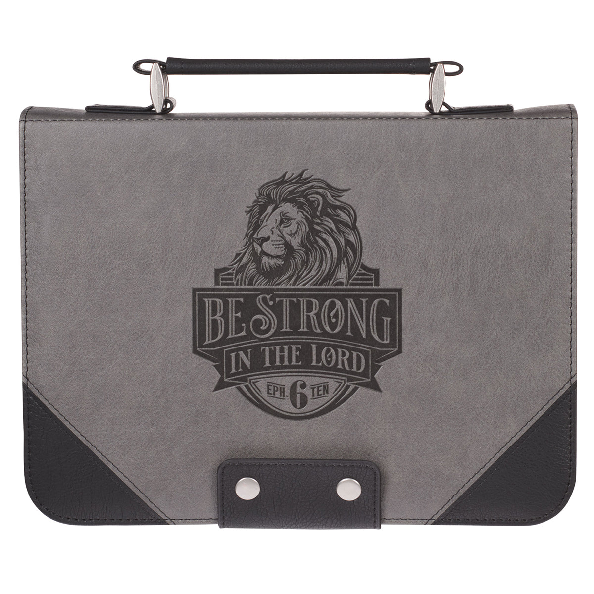 Be Strong in the Lord Grey and Black Faux Leather Loose Bible Cover