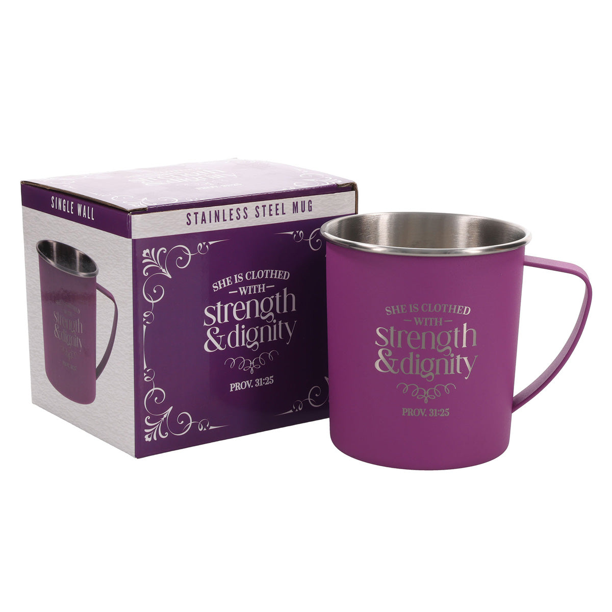 She Is Clothed with Strength and Dignity Stainless Steel Camp Style Mug