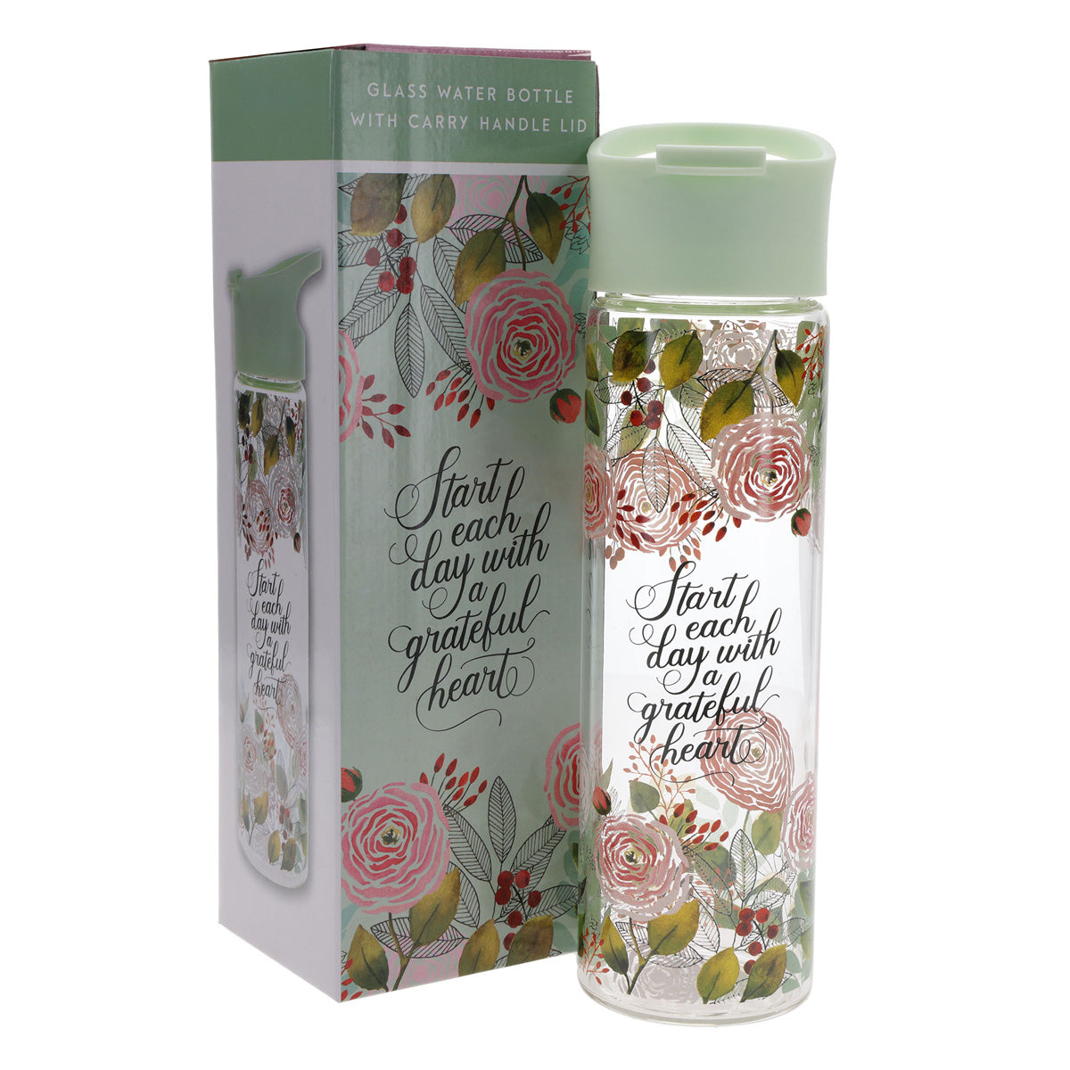 Start Each Day with a Grateful Heart Glass Water Bottle