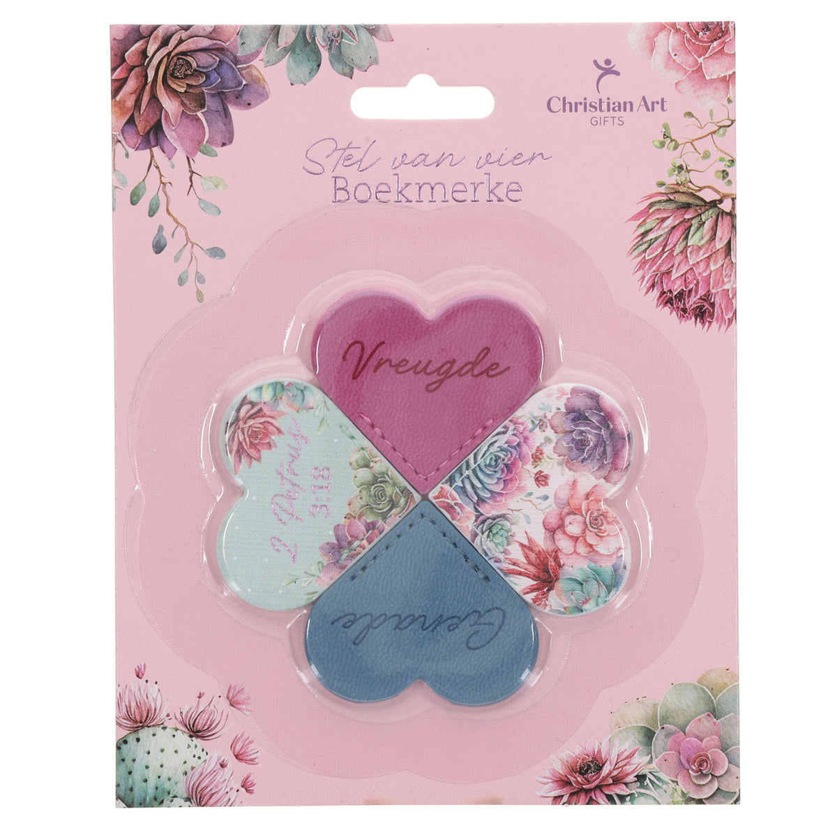 Vreugde en Genade Afrikaans Four-Piece Faux Leather Heart Corner Bookmark Set