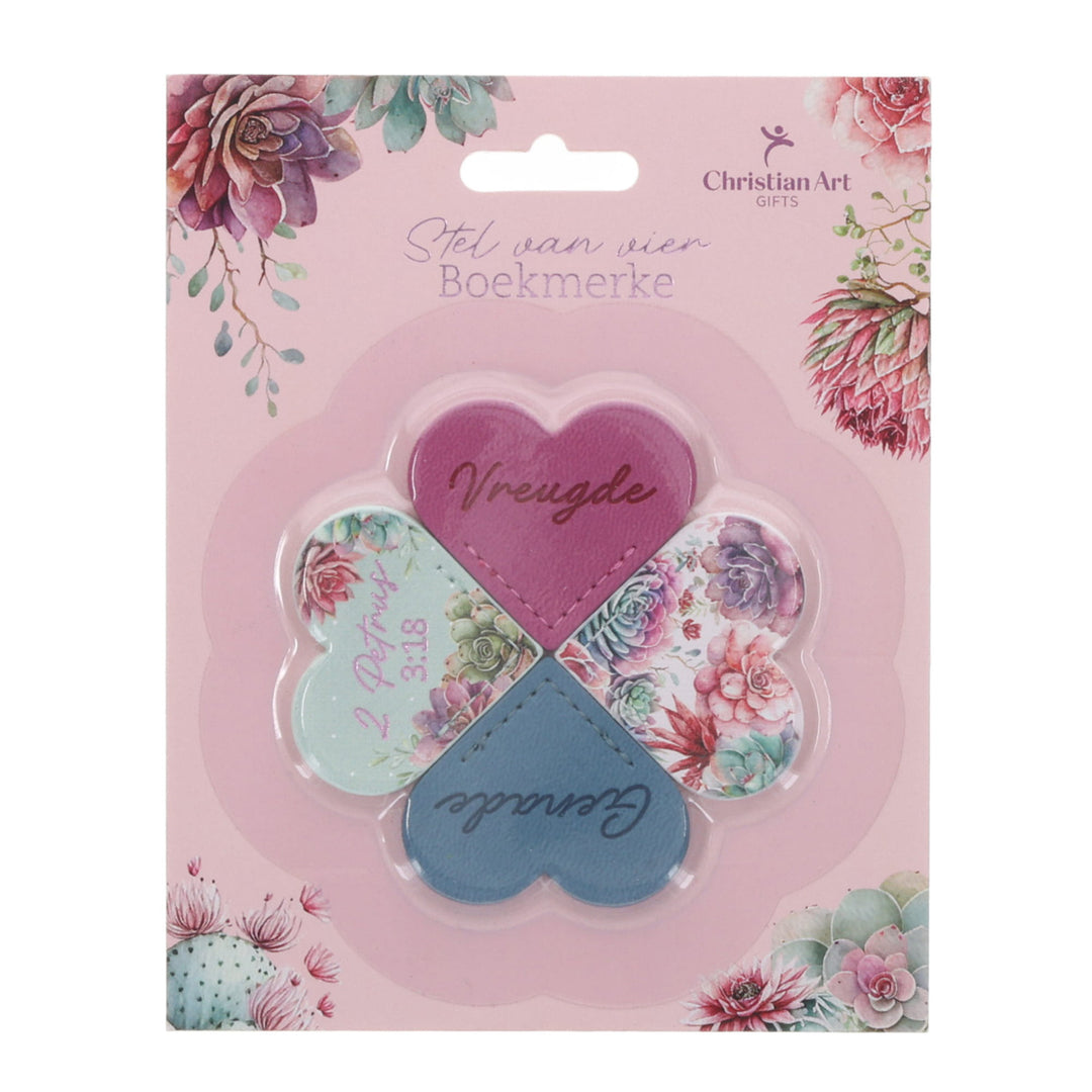 Vreugde en Genade Afrikaans Four-Piece Faux Leather Heart Corner Bookmark Set
