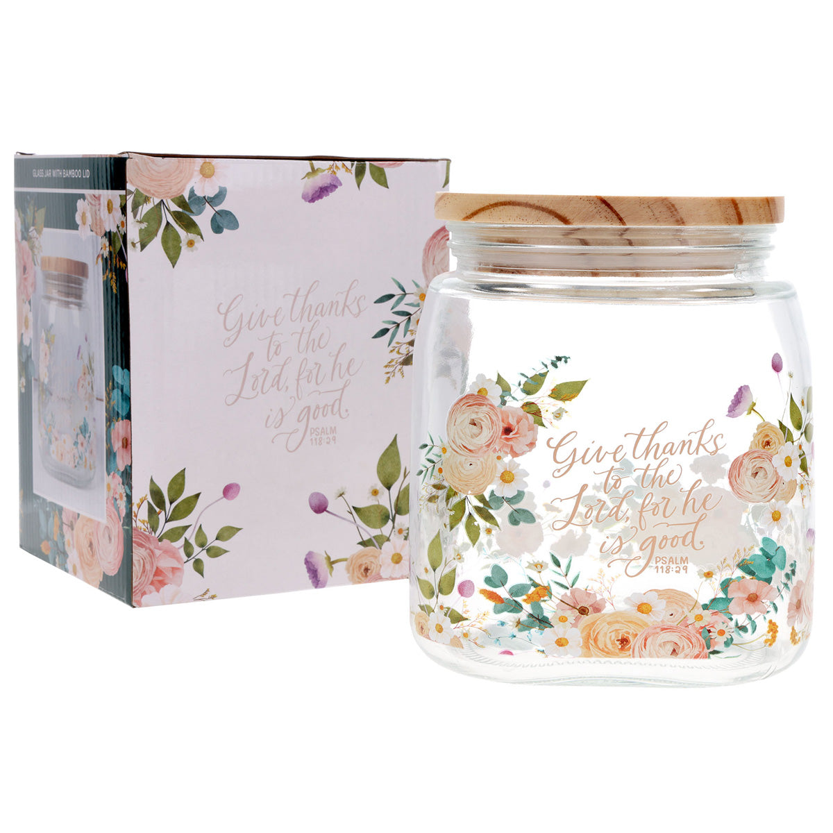 Give Thanks to the Lord, for He Is Good Glass Jar with Bamboo Lid