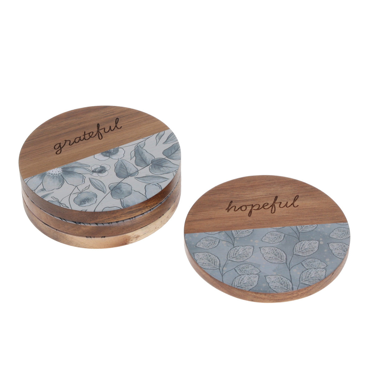 Grateful, Hopeful, Thankful and Joyful Four-Piece Wooden Coaster Set