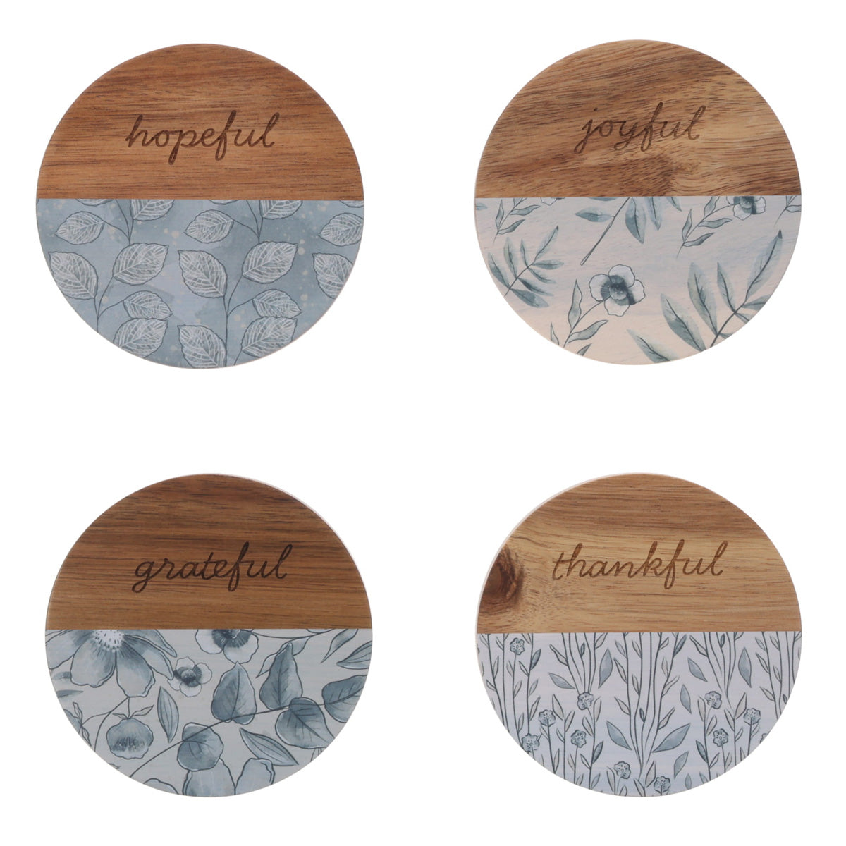 Grateful, Hopeful, Thankful and Joyful Four-Piece Wooden Coaster Set