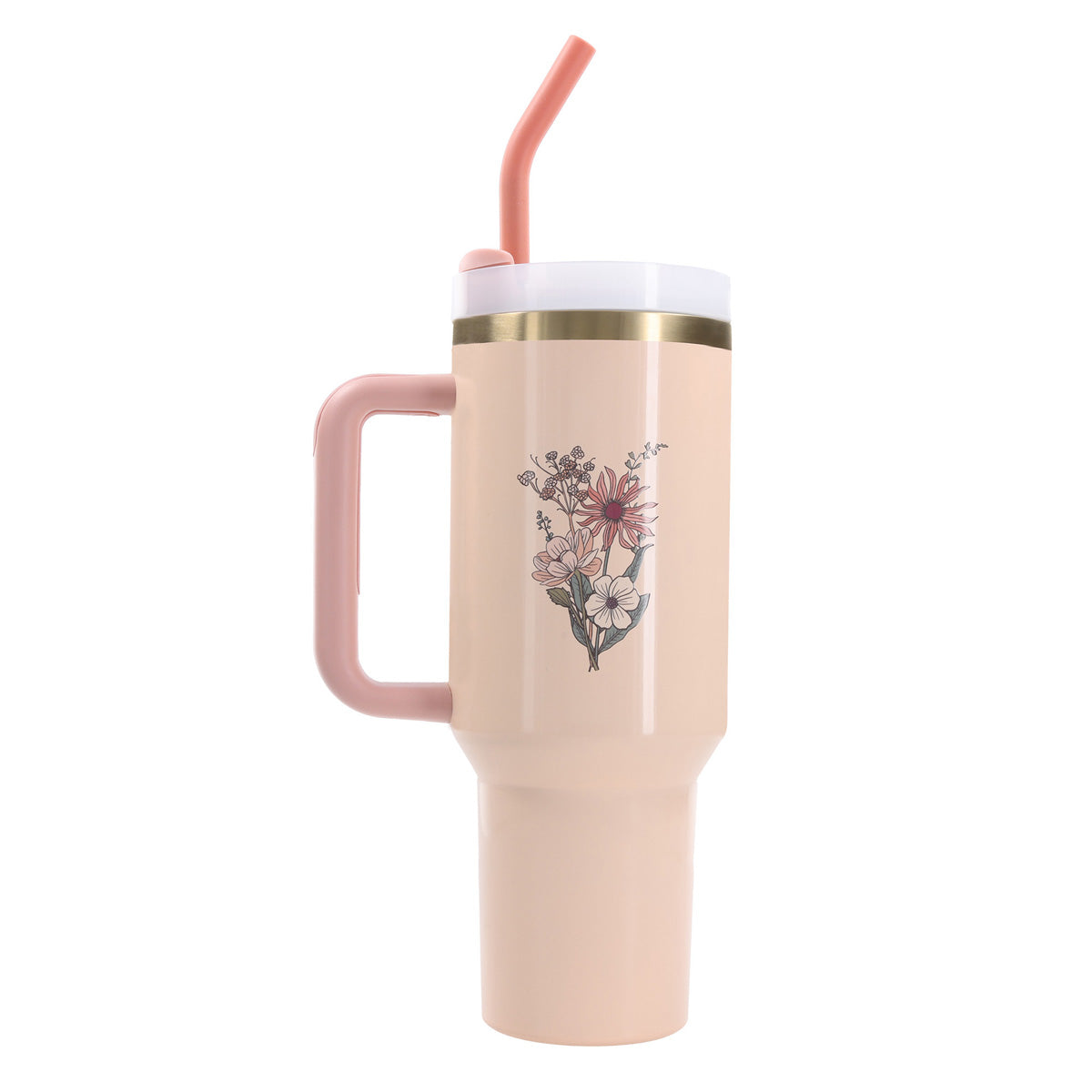 Consider How the Wildflowers Grow Peach Large Stainless Steel Mug with Handle and Straw