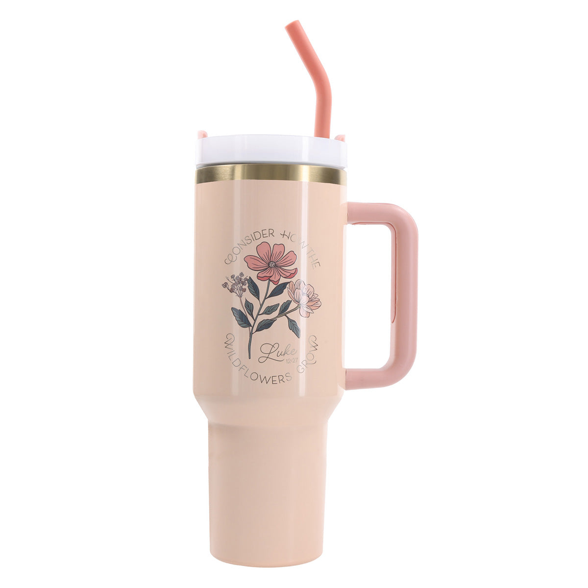 Consider How the Wildflowers Grow Peach Large Stainless Steel Mug with Handle and Straw