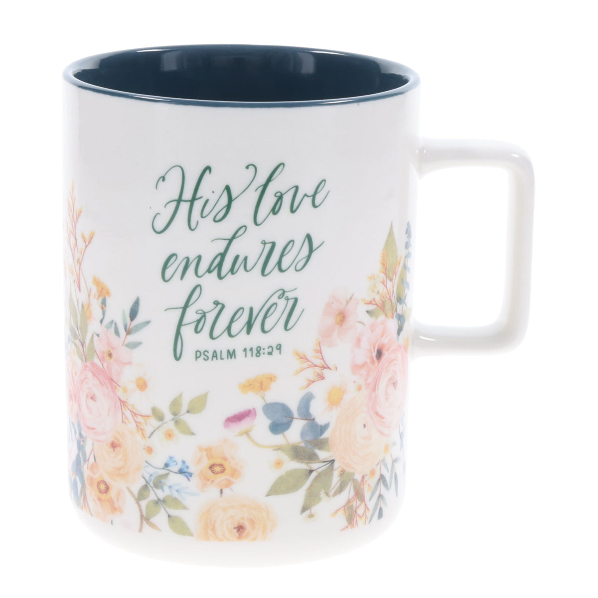 His Love Endures Forever Ceramic Mug with Teal Interior