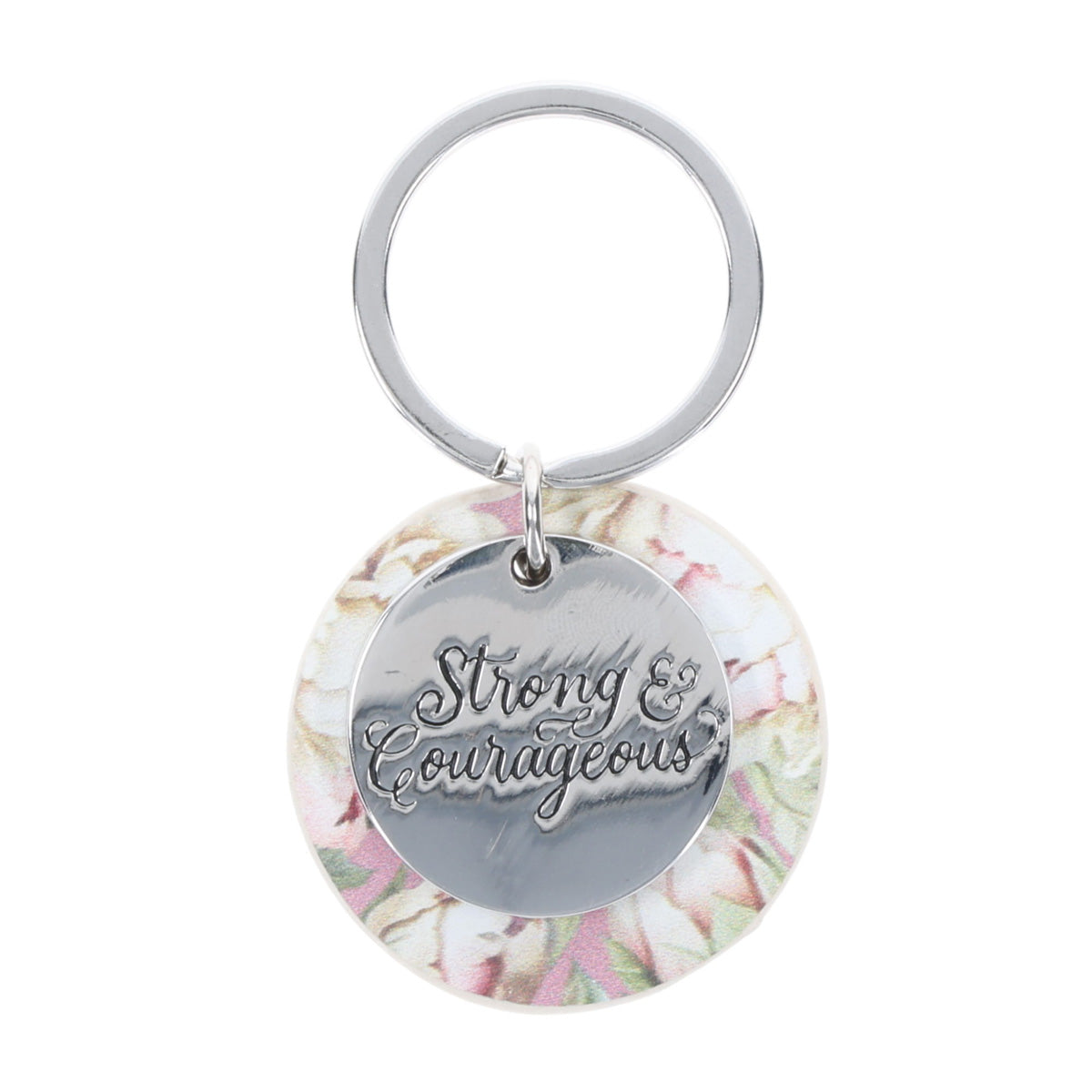 Strong and Courageous Metal and Faux Leather Key Ring