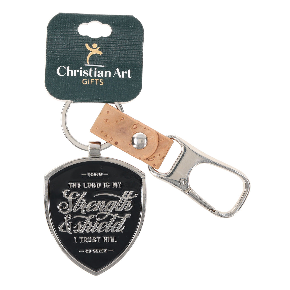 The Lord Is My Strength and Shield Metal and Faux Leather Key Ring with Carabiner Hook