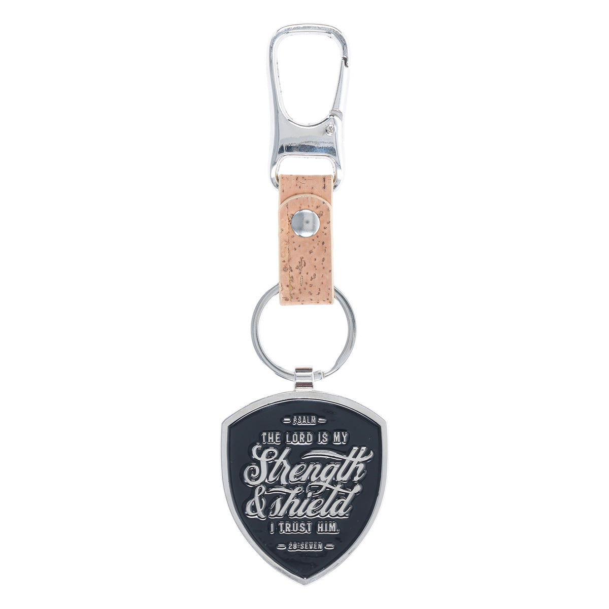 The Lord Is My Strength and Shield Metal and Faux Leather Key Ring with Carabiner Hook