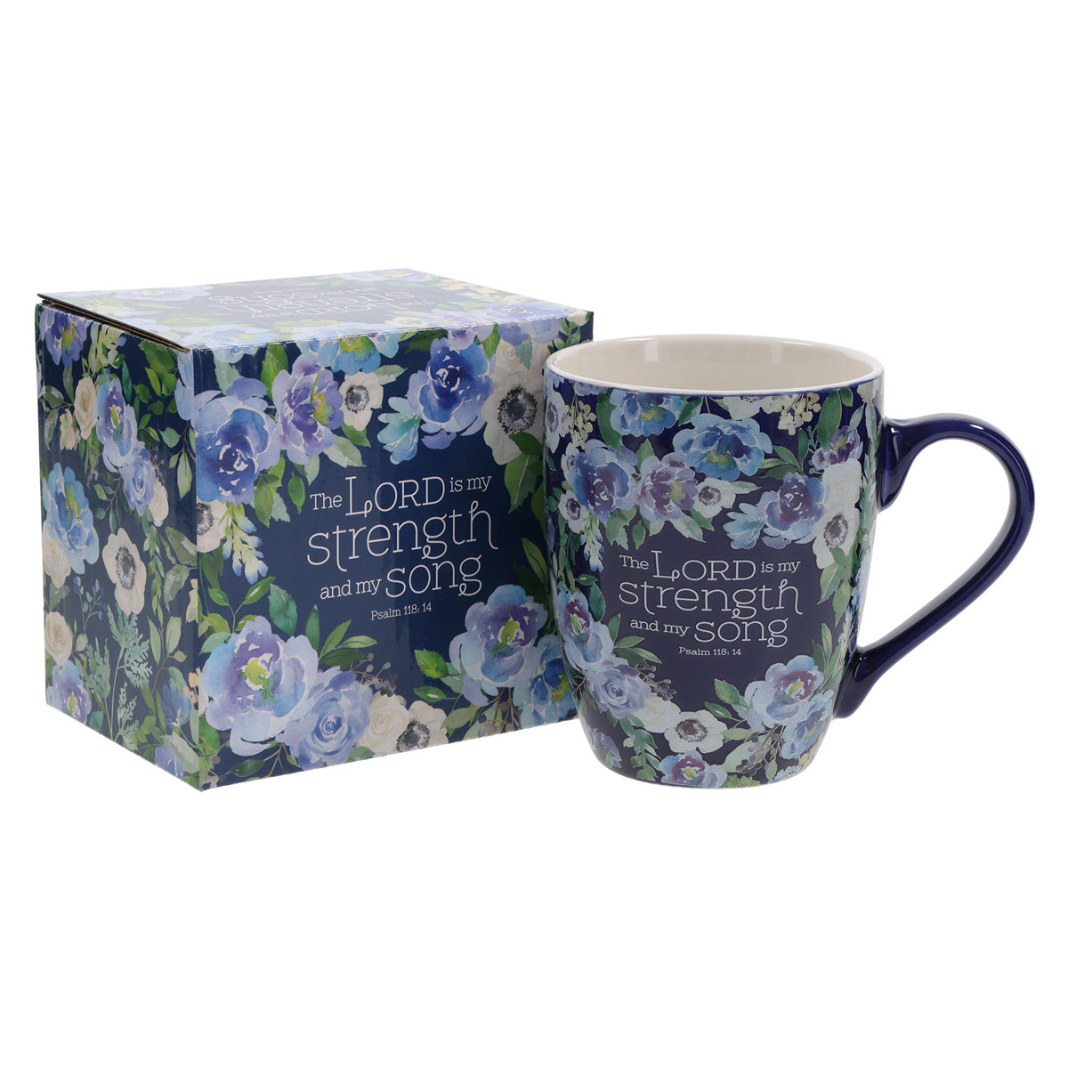 The Lord Is My Strength and My Song Blue Floral Ceramic Mug