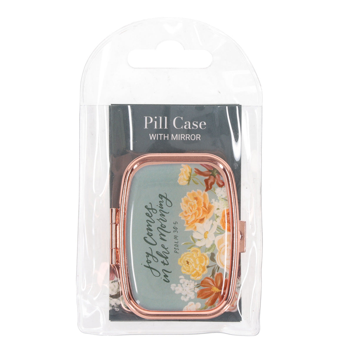 Joy Comes in the Morning Epoxy Rose Gold Metal Pill Case with Mirror
