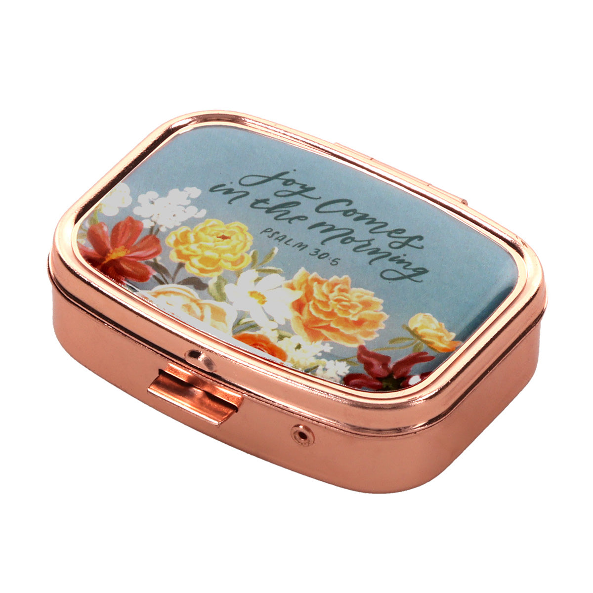 Joy Comes in the Morning Epoxy Rose Gold Metal Pill Case with Mirror