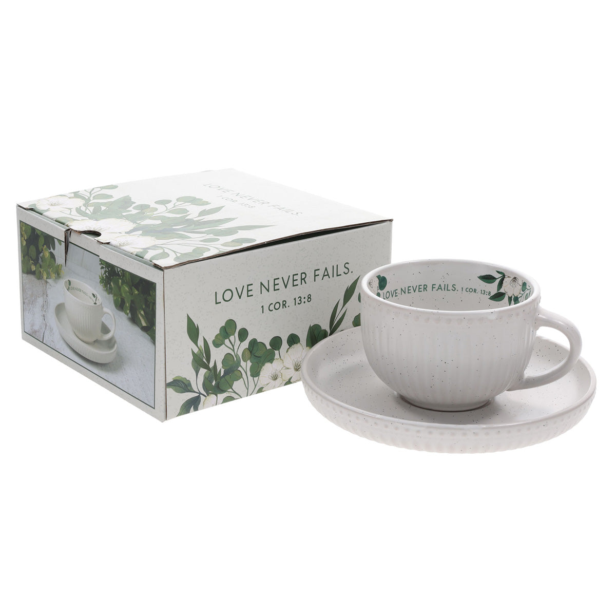 Love Never Fails Ceramic Cup and Saucer Set
