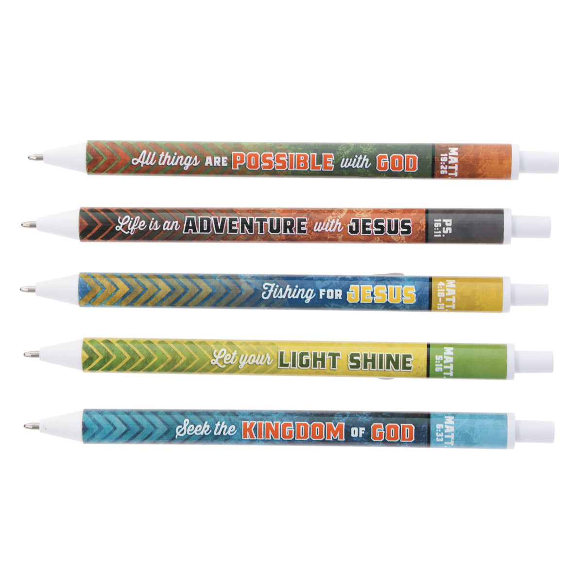 Life Is an Adventure with Jesus Five-Piece Retractable Ballpoint Pen Set with Blue Ink