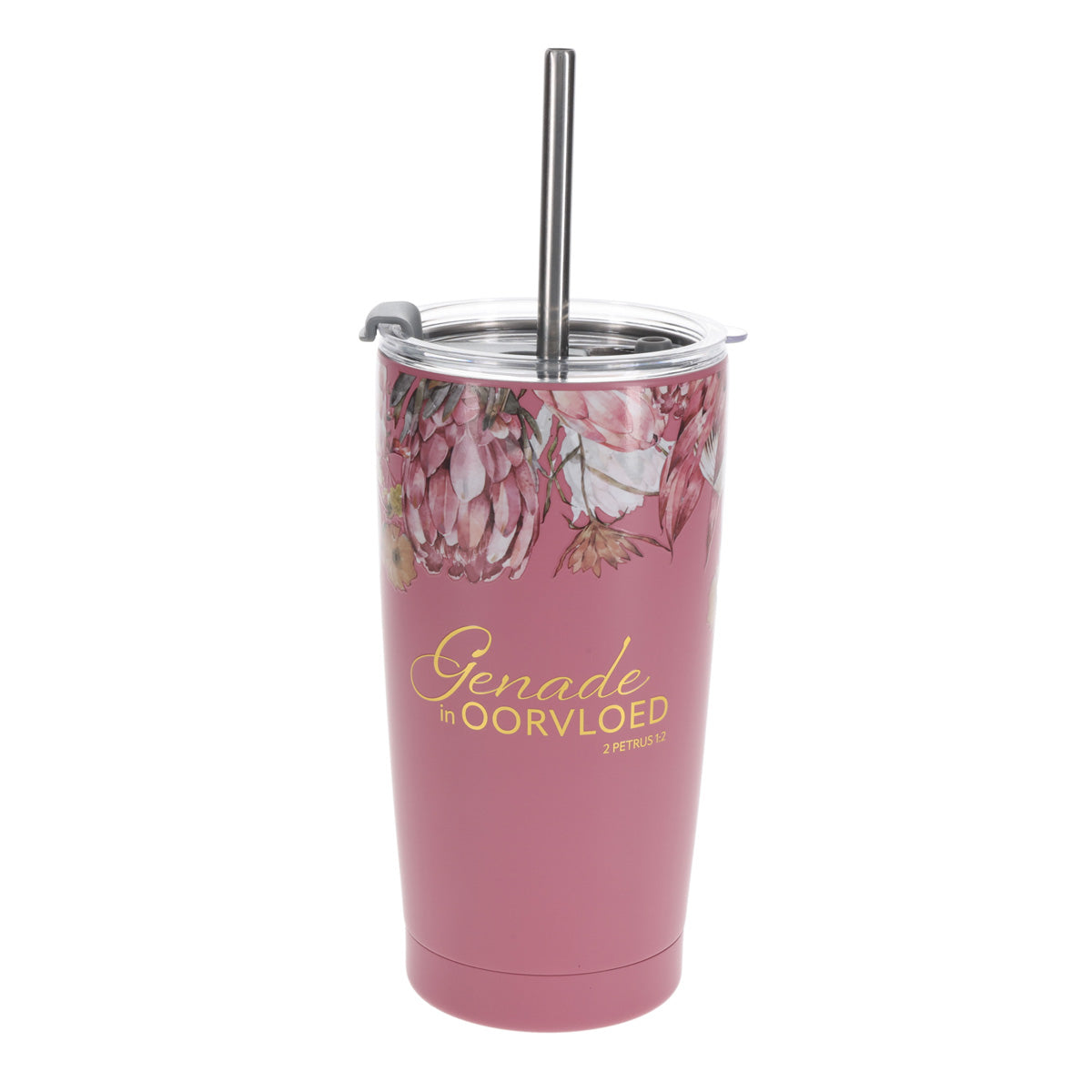 Genade in Oorvloed Afrikaans Stainless Steel Travel Mug with Straw