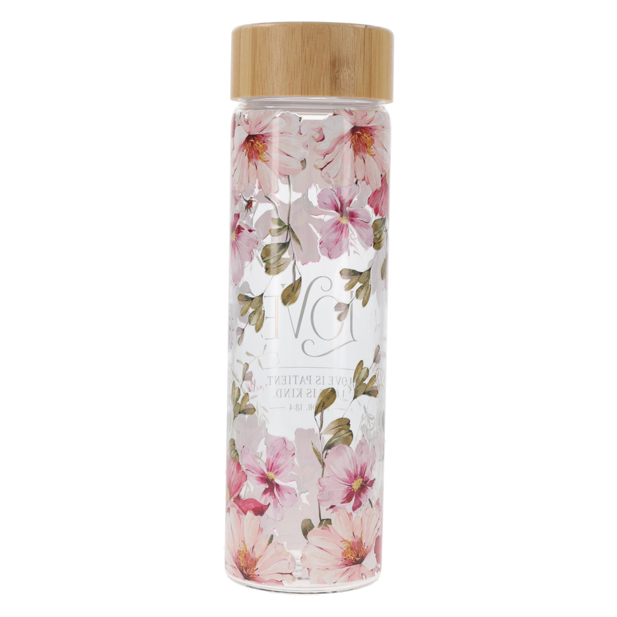 Love Is Patient Love Is Kind Glass Water Bottle with Bamboo Lid