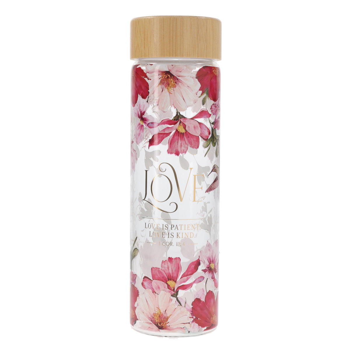 Love Is Patient Love Is Kind Glass Water Bottle with Bamboo Lid