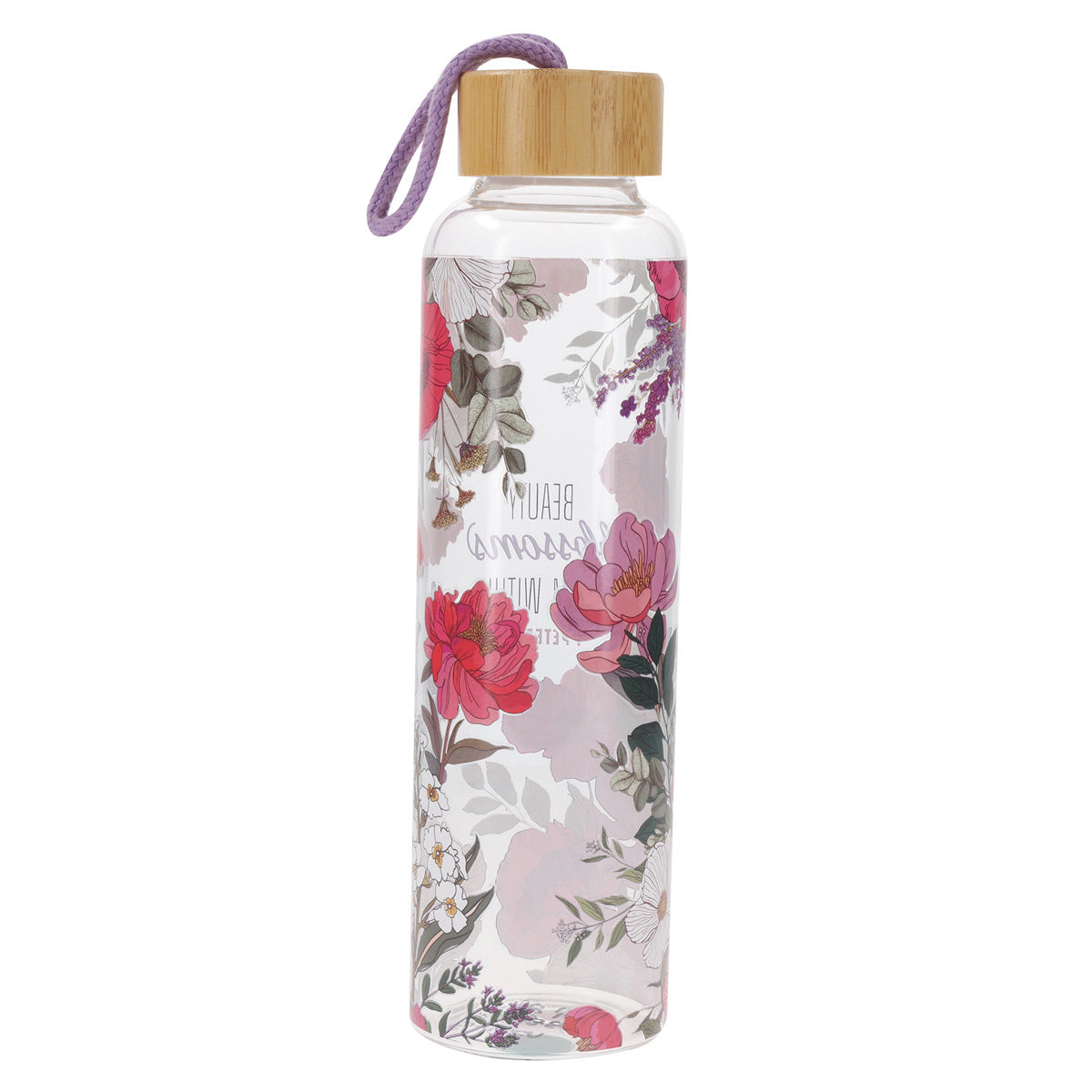 Beauty Blossoms from Within Glass Water Bottle with Bamboo Lid