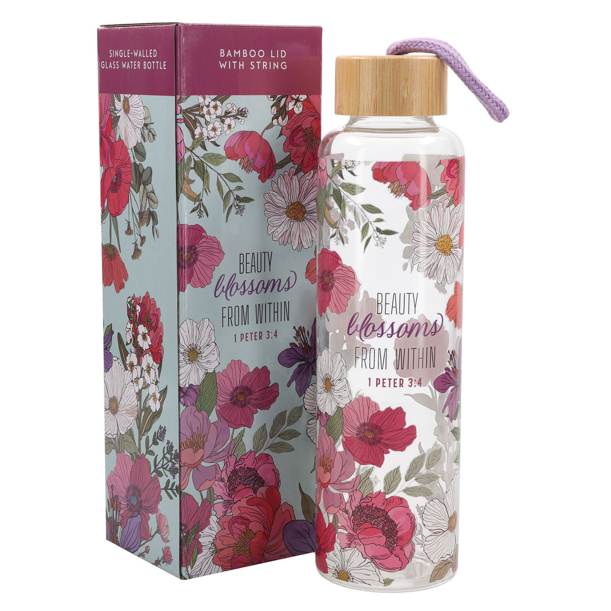 Beauty Blossoms from Within Glass Water Bottle with Bamboo Lid
