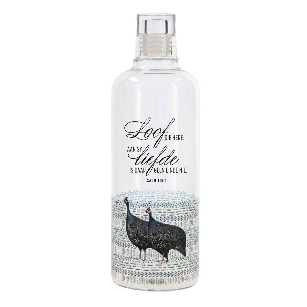 Loof die Here, Aan Sy Liefde Is Daar Geen Einde Nie Afrikaans Glass Water Bottle