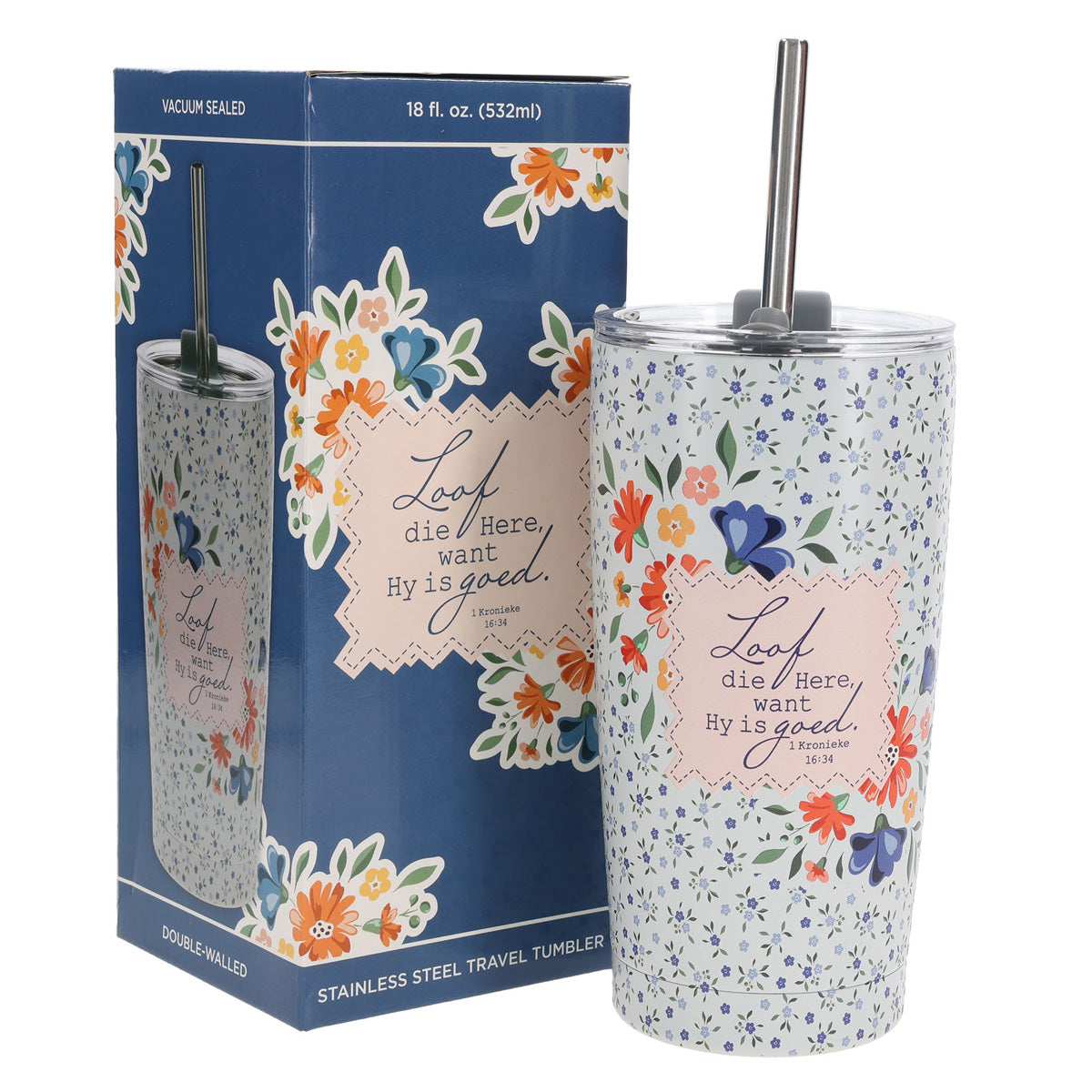 Travel Mug - Loof die Here (Stainless Steel, Afrikaans, with Straw)