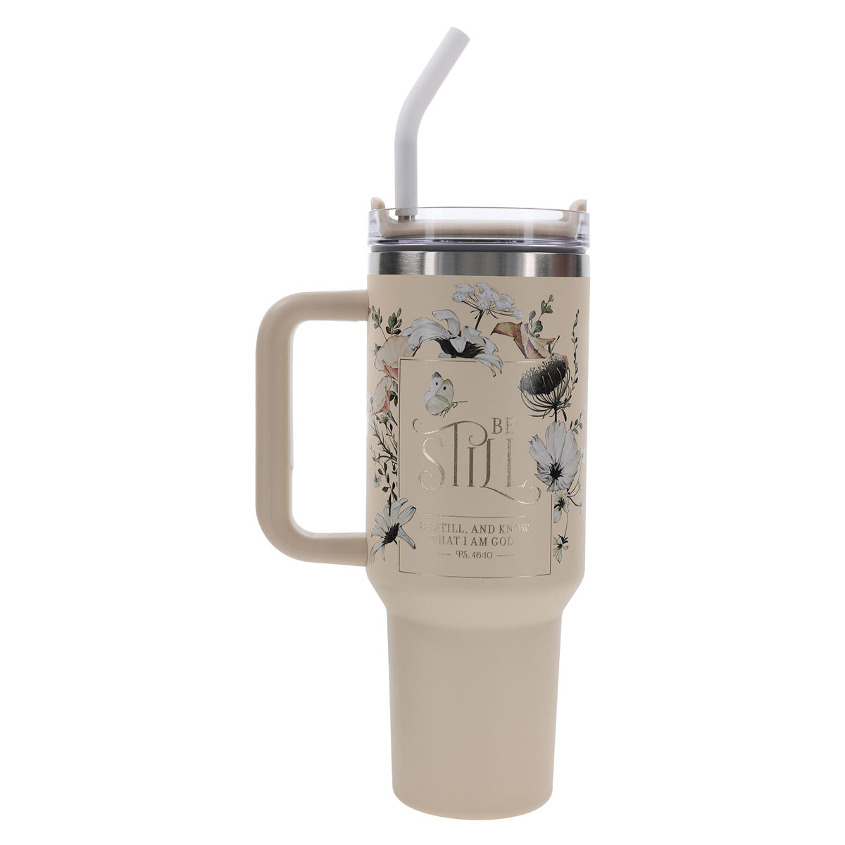 Travel Mug - Be Still and Know (Stainless Steel, Sage, Large, Handle & Straw)