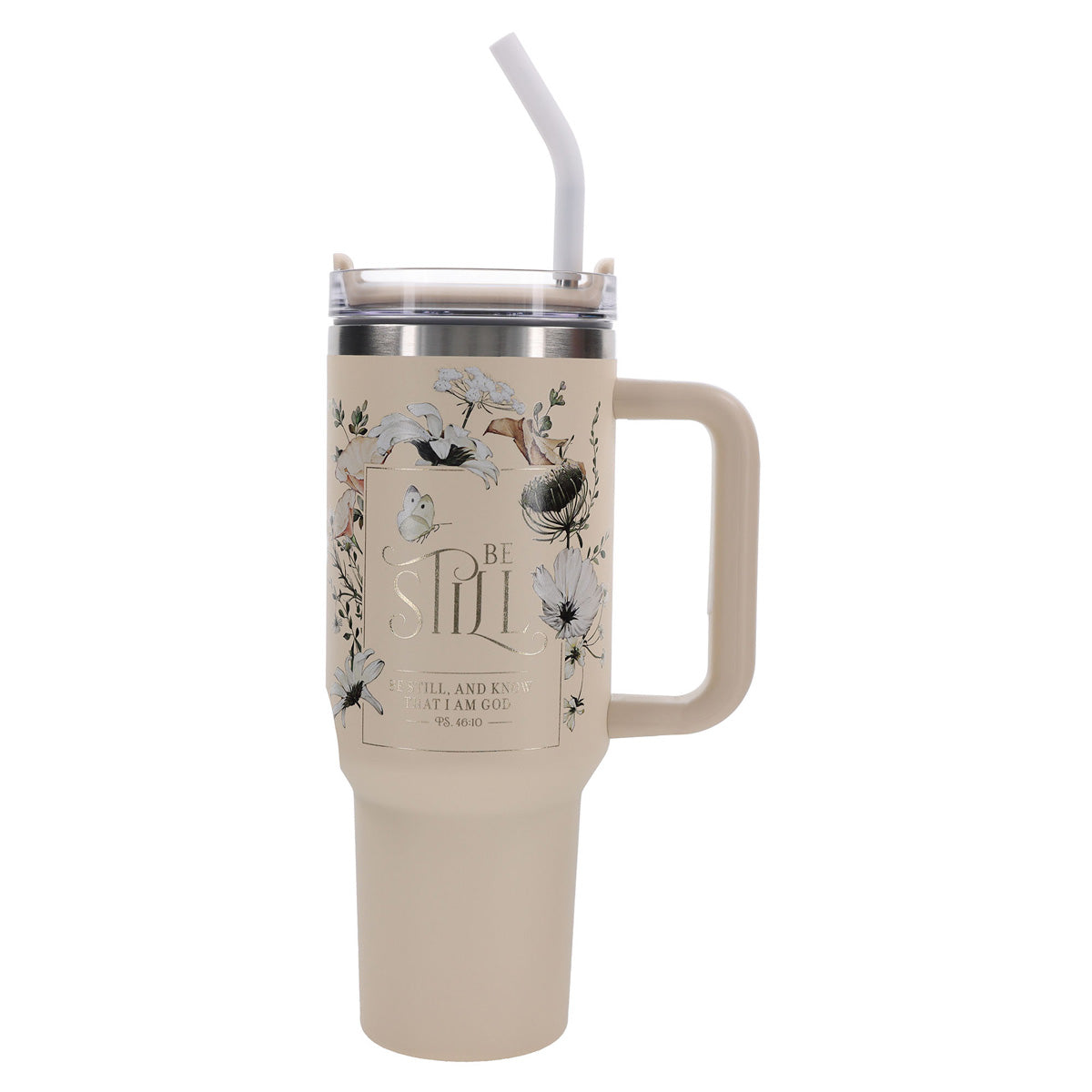Travel Mug - Be Still and Know (Stainless Steel, Sage, Large, Handle & Straw)