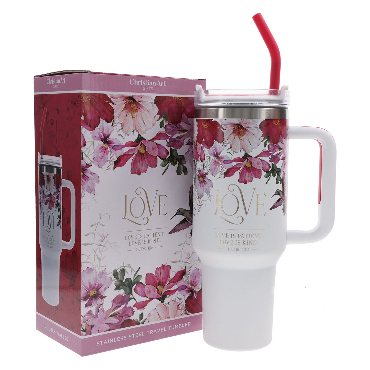 Travel Mug - Love Is Patient (Stainless Steel, Large, Handle & Straw)