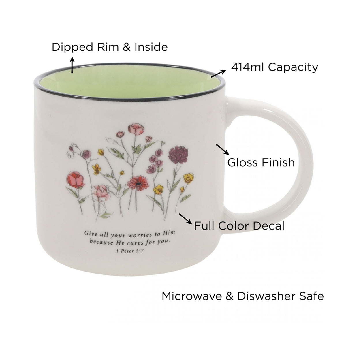 Give All Your Worries to Him Because He Cares for You Floral Ceramic Mug with Green Interior