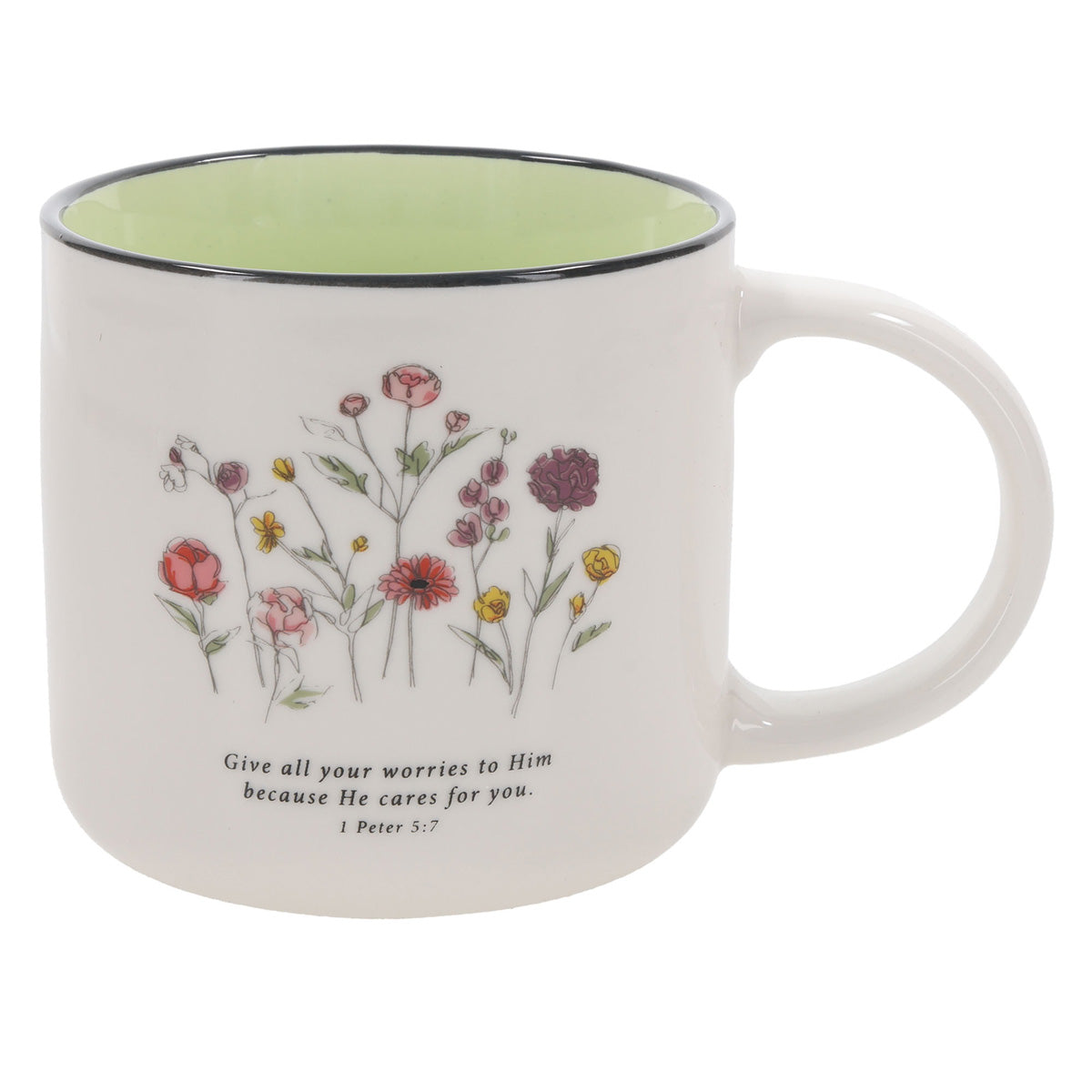 Give All Your Worries to Him Because He Cares for You Floral Ceramic Mug with Green Interior