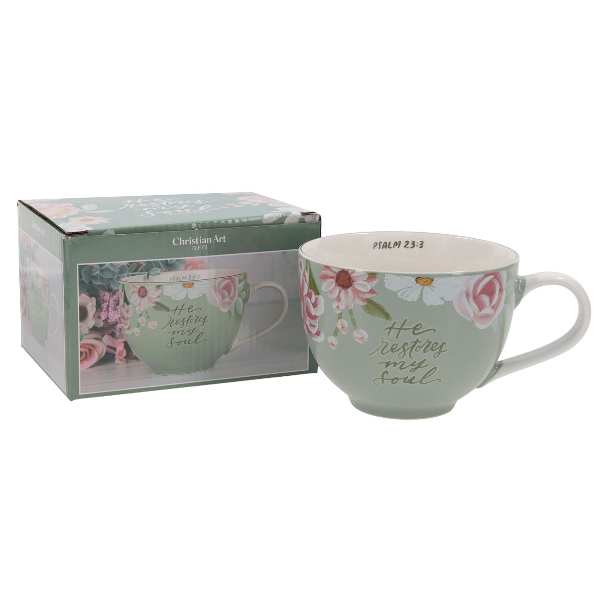 He Restores My Soul Green Floral Ceramic Mug