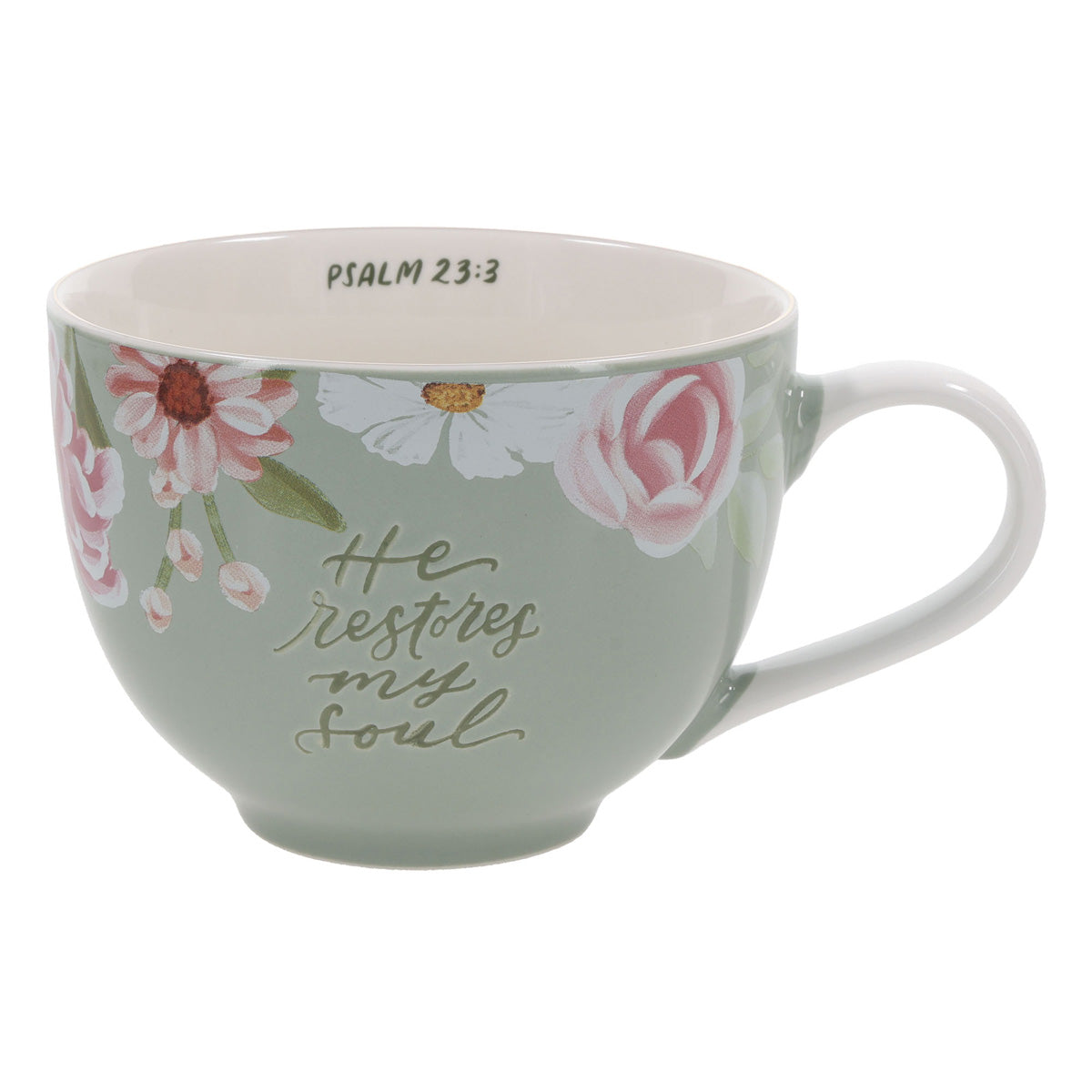 He Restores My Soul Green Floral Ceramic Mug