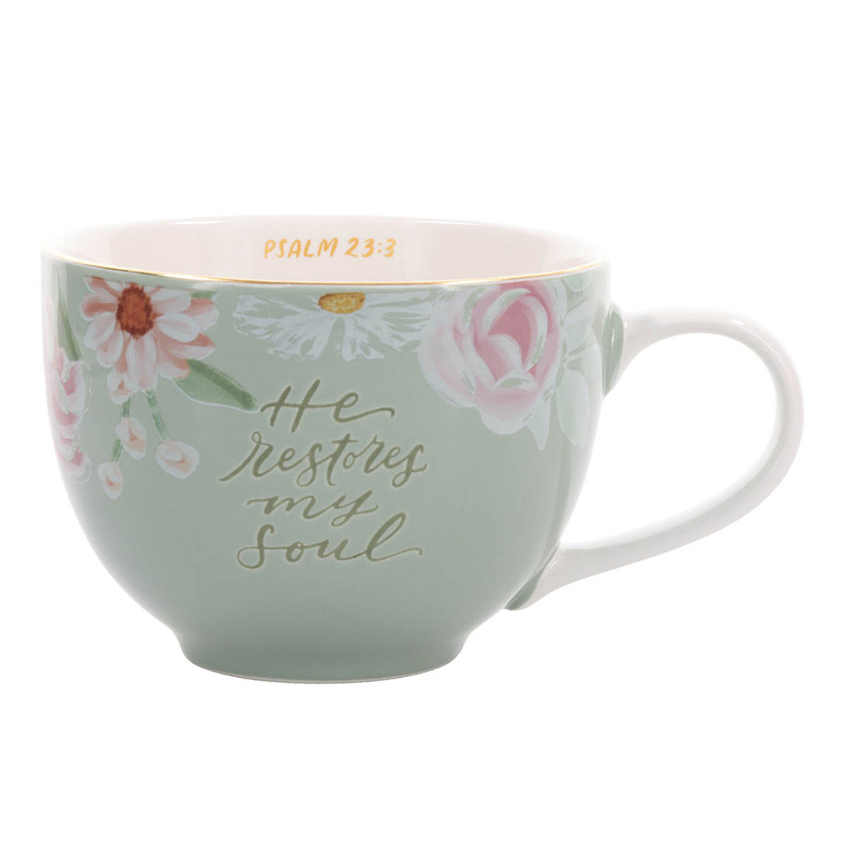 He Restores My Soul Green Floral Ceramic Mug
