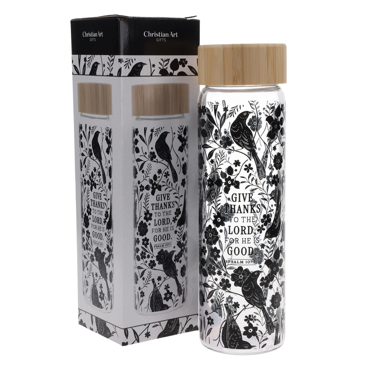 Give Thanks to the Lord, for He Is Good Glass Water Bottle with Bamboo Lid
