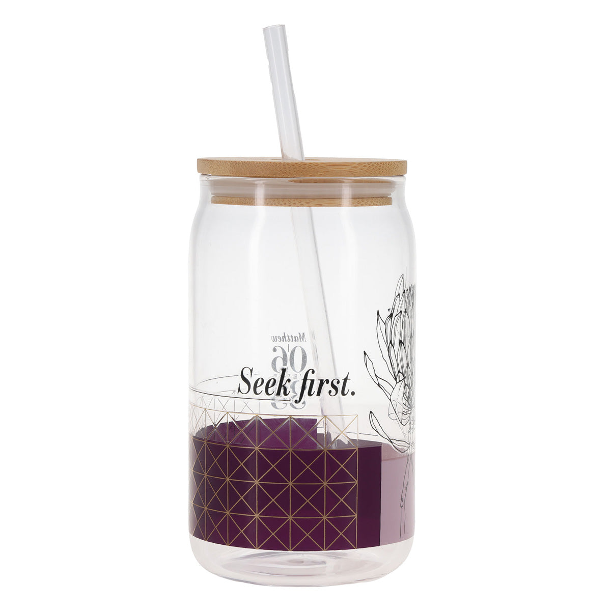 Seek First Glass Single Wall Travel Tumbler with Bamboo Lid and Straw