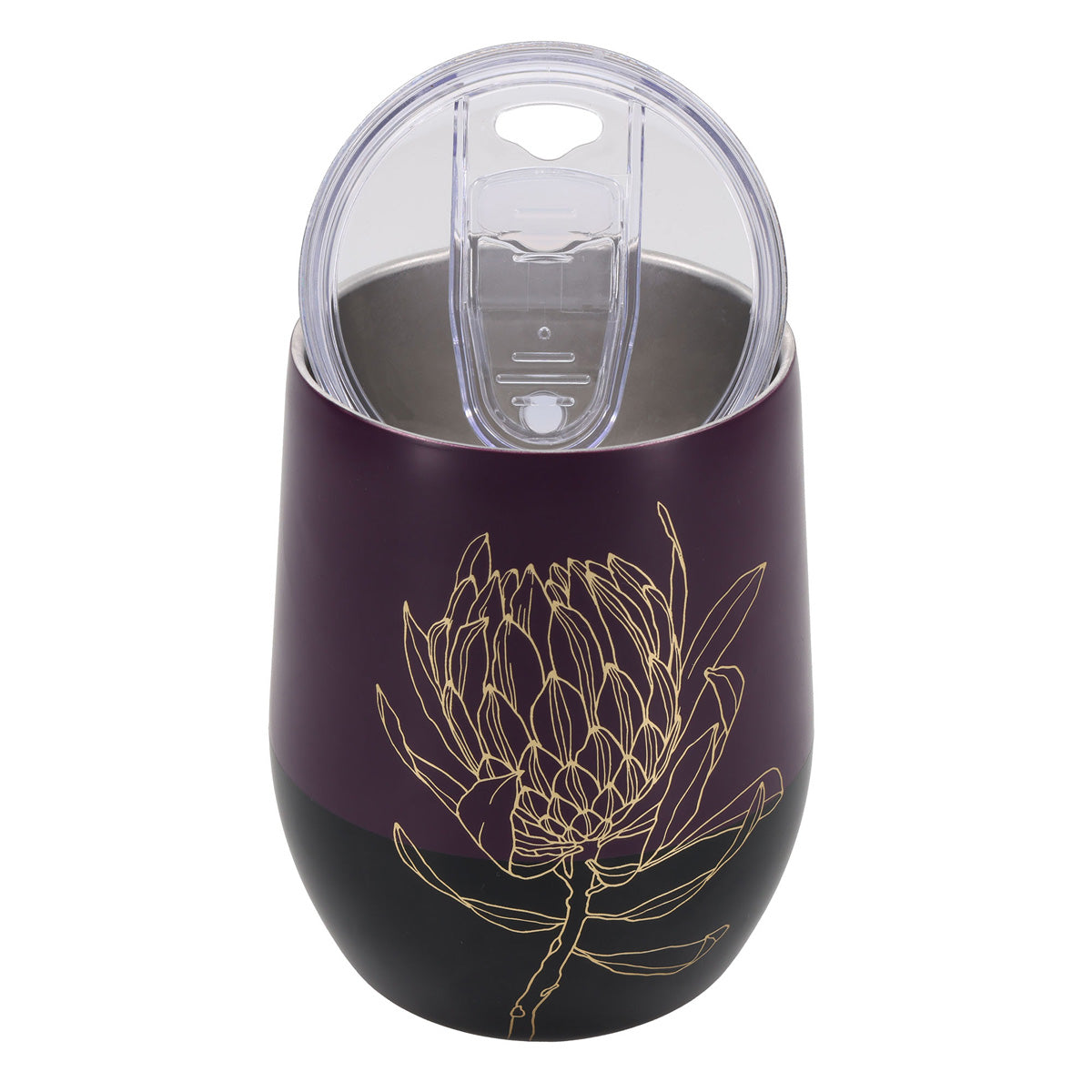 Seek First Deep Purple Stainless Steel Travel Mug with Protea Design