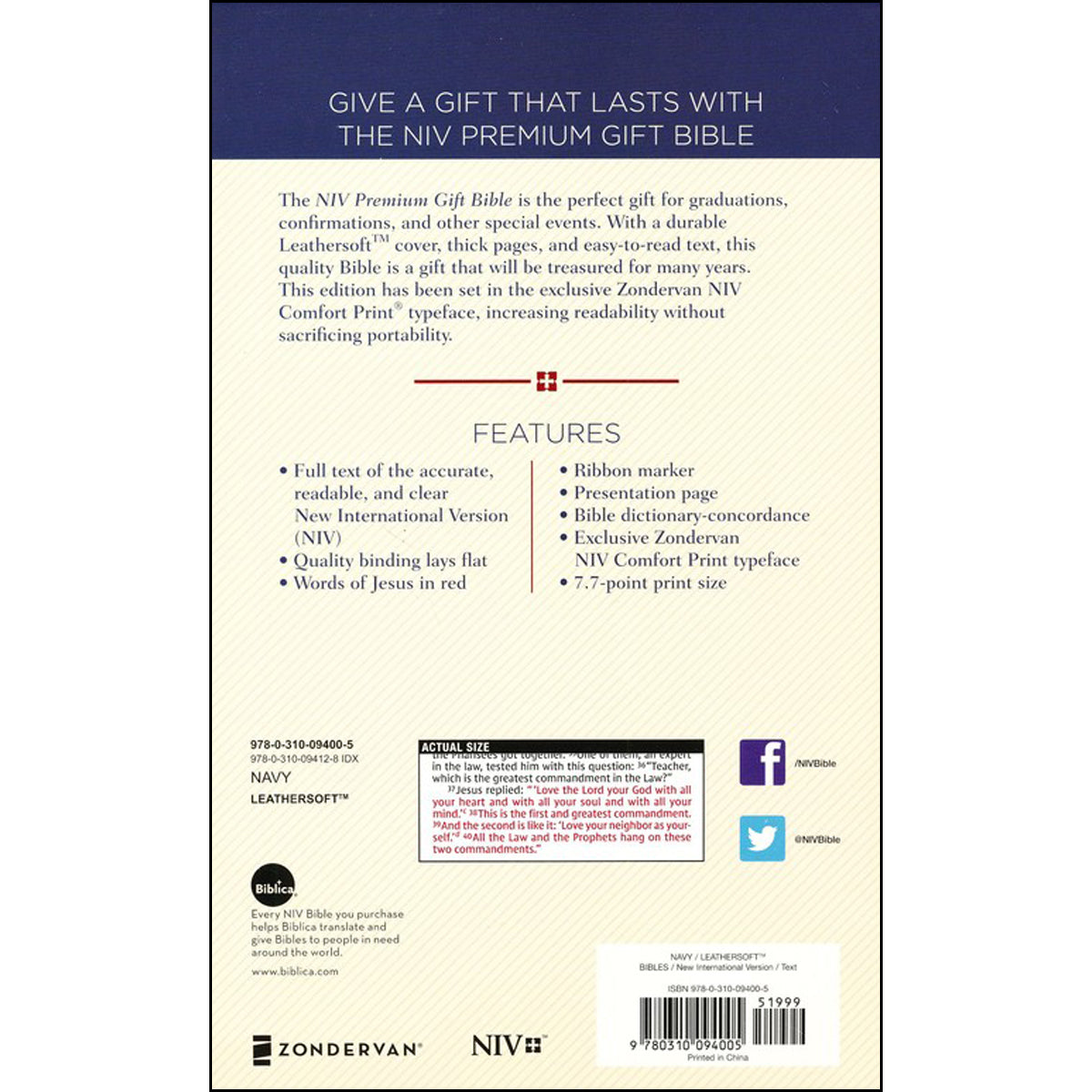 NIV Navy Imitation Leather Premium Gift Bible Red Letter Comfort Print