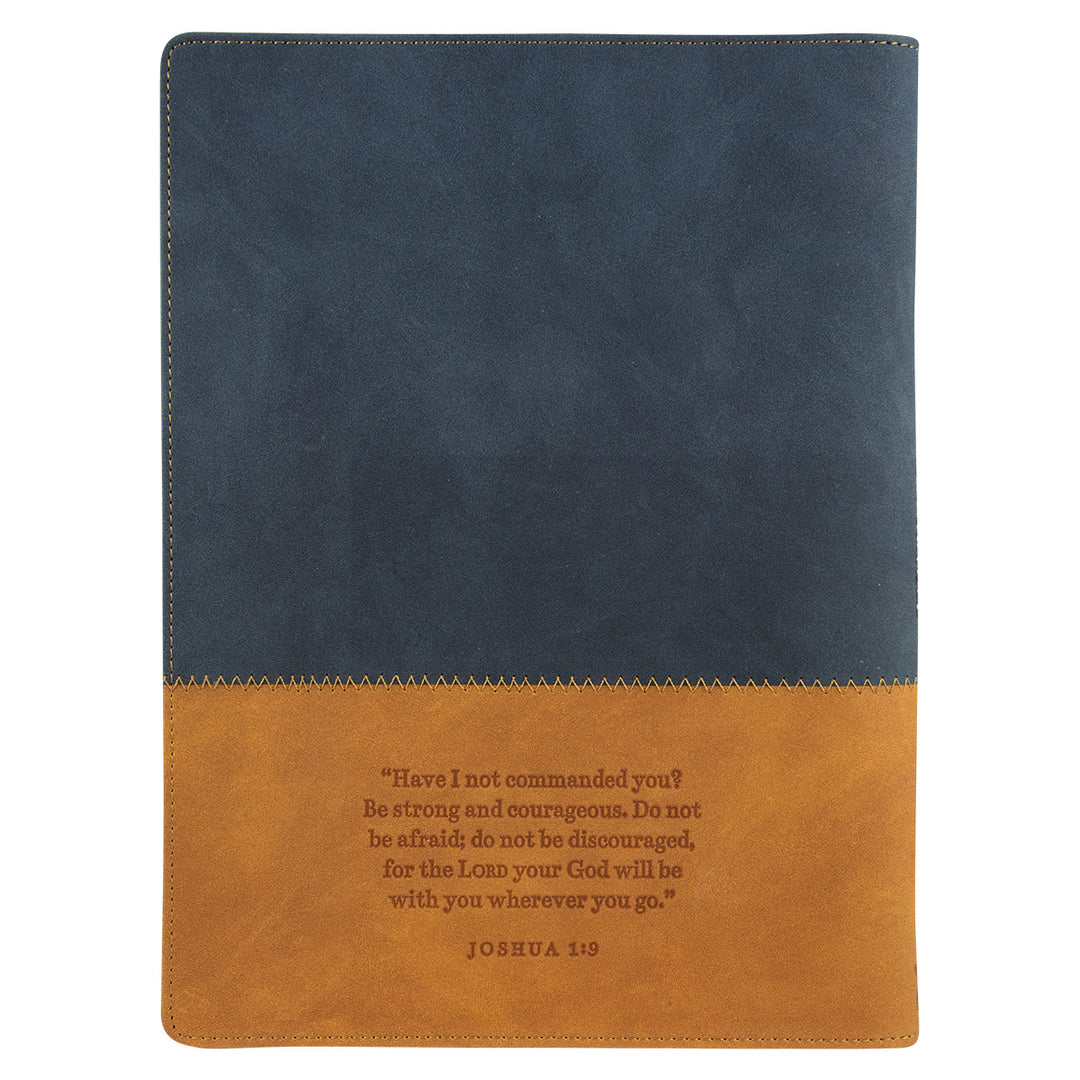 Be Strong And Courageous Brown & Blue A4 Faux Leather Journal With Zipped Closure - Josh 1:9
