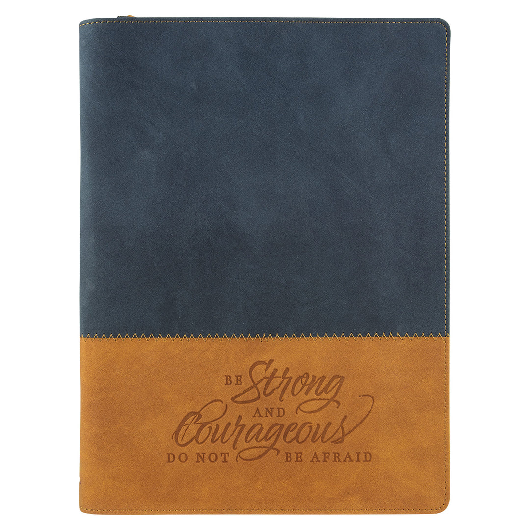 Be Strong And Courageous Brown & Blue A4 Faux Leather Journal With Zipped Closure - Josh 1:9