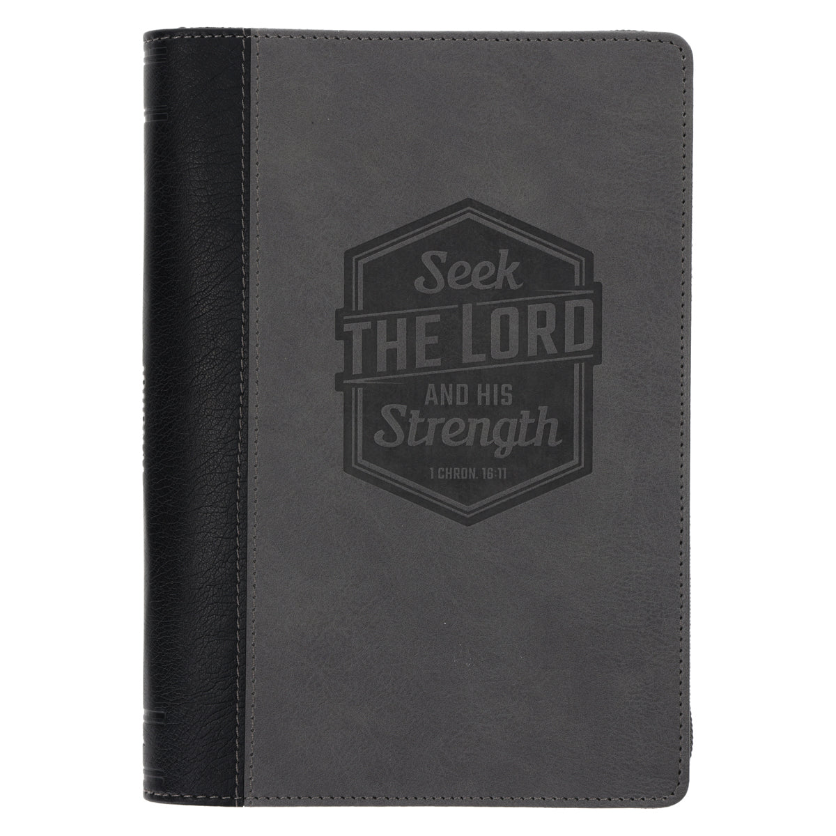 Seek the Lord and His Strength Grey Faux Leather Journal with Zipped Closure