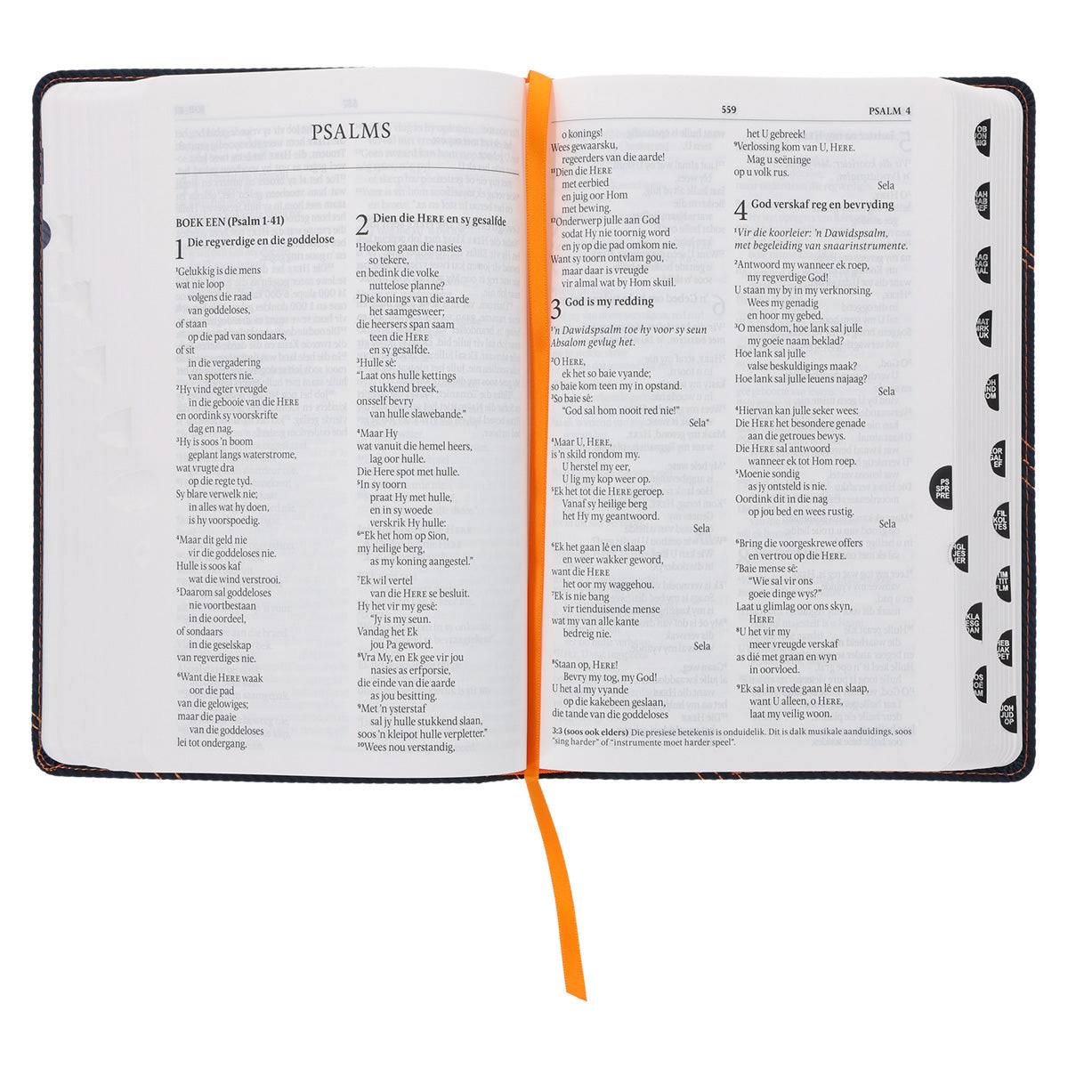 NLV Donkerblou en Oranje Kunsleer Standaard Bybel Met Duimgrepe