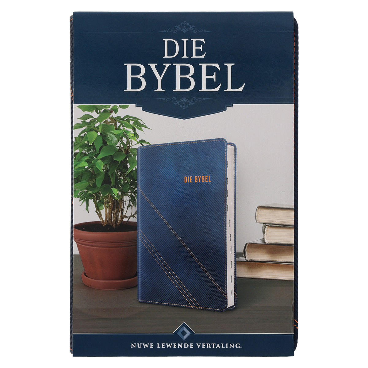 NLV Donkerblou en Oranje Kunsleer Standaard Bybel Met Duimgrepe