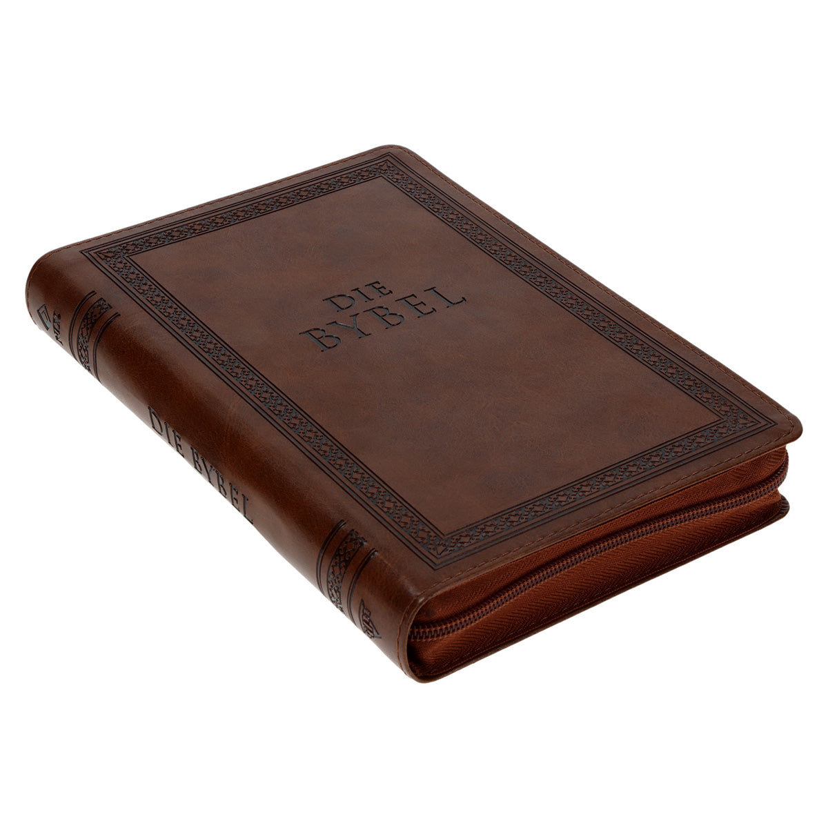 NLV Taan Bruin Kunsleer Standaard Bybel met Ritssluiter en Duimgrepe