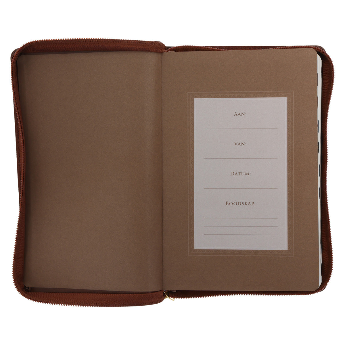 NLV Taan Bruin Kunsleer Standaard Bybel met Ritssluiter en Duimgrepe