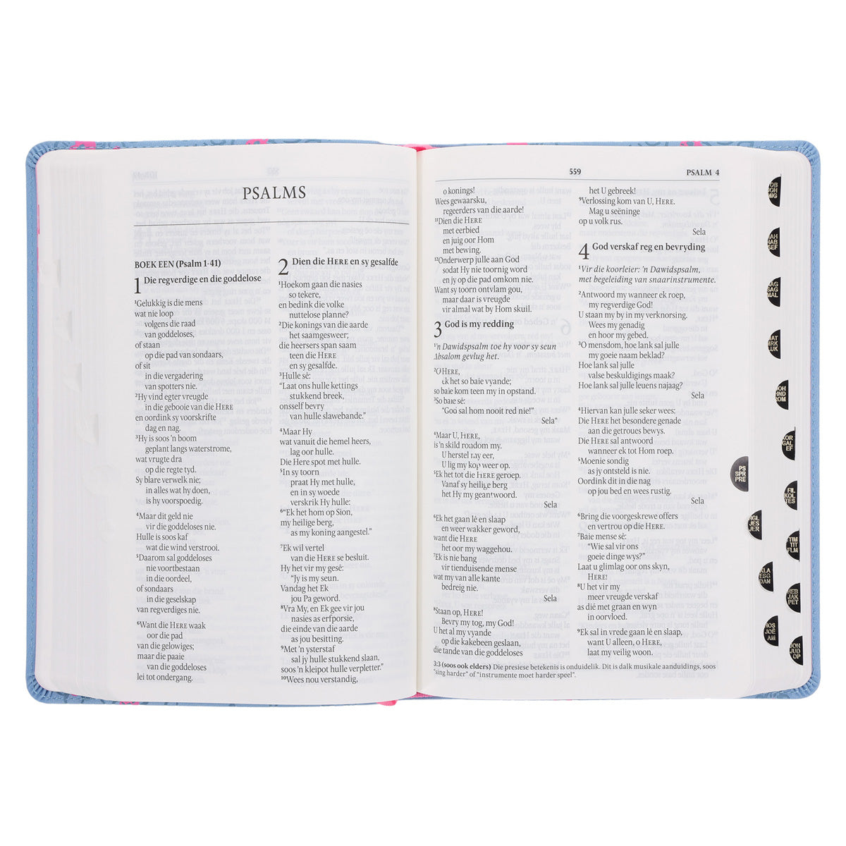 NLV Ligblou Met Pienk Blomme Kunsleer Standaard Bybel Met Duimgrepe
