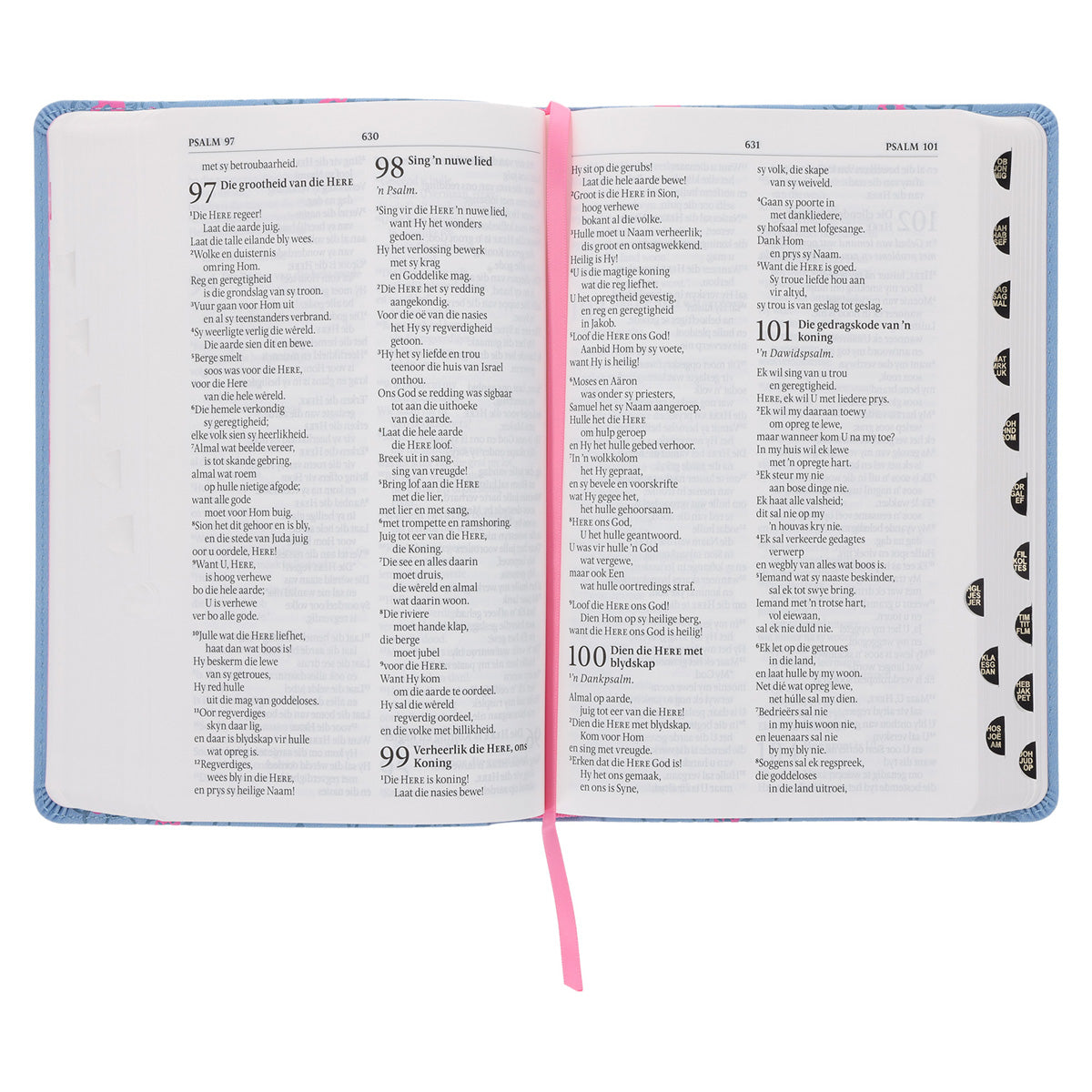 NLV Ligblou Met Pienk Blomme Kunsleer Standaard Bybel Met Duimgrepe