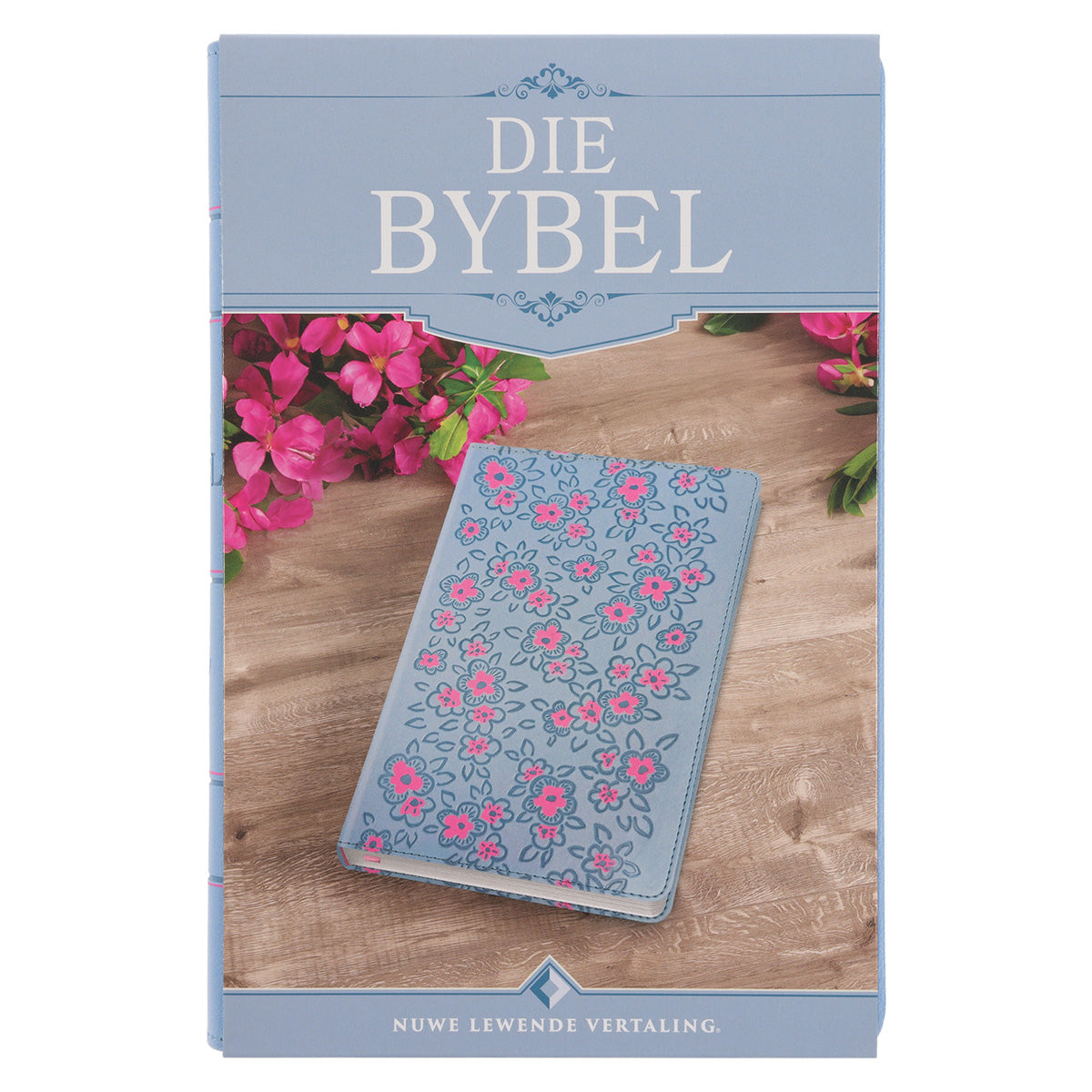 NLV Ligblou Met Pienk Blomme Kunsleer Standaard Bybel Met Duimgrepe