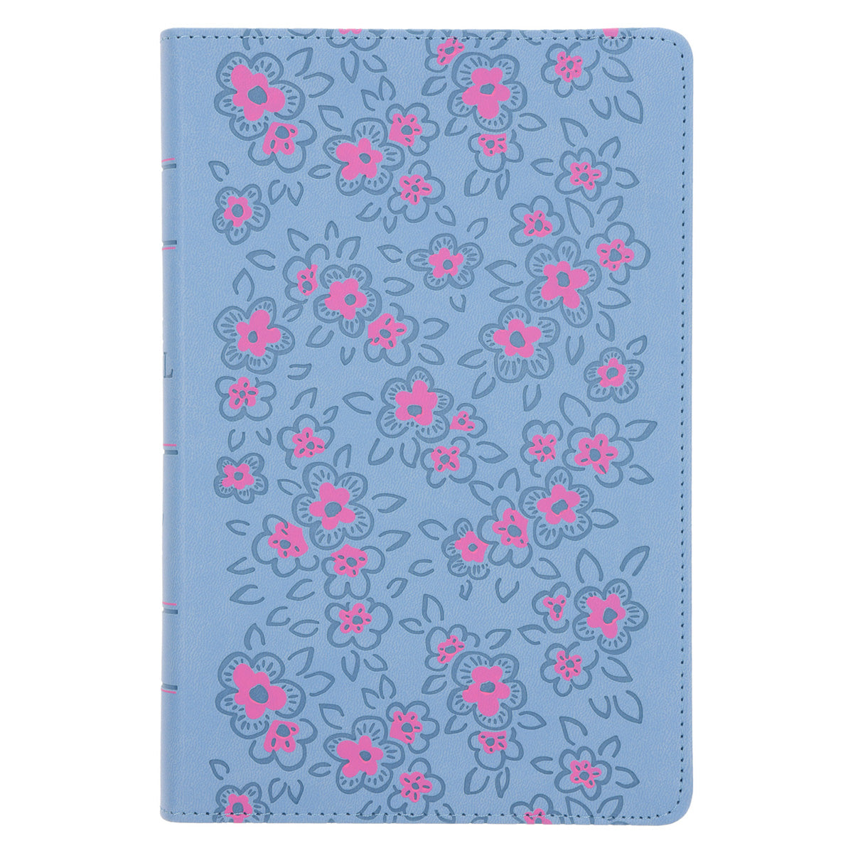 NLV Ligblou Met Pienk Blomme Kunsleer Standaard Bybel Met Duimgrepe