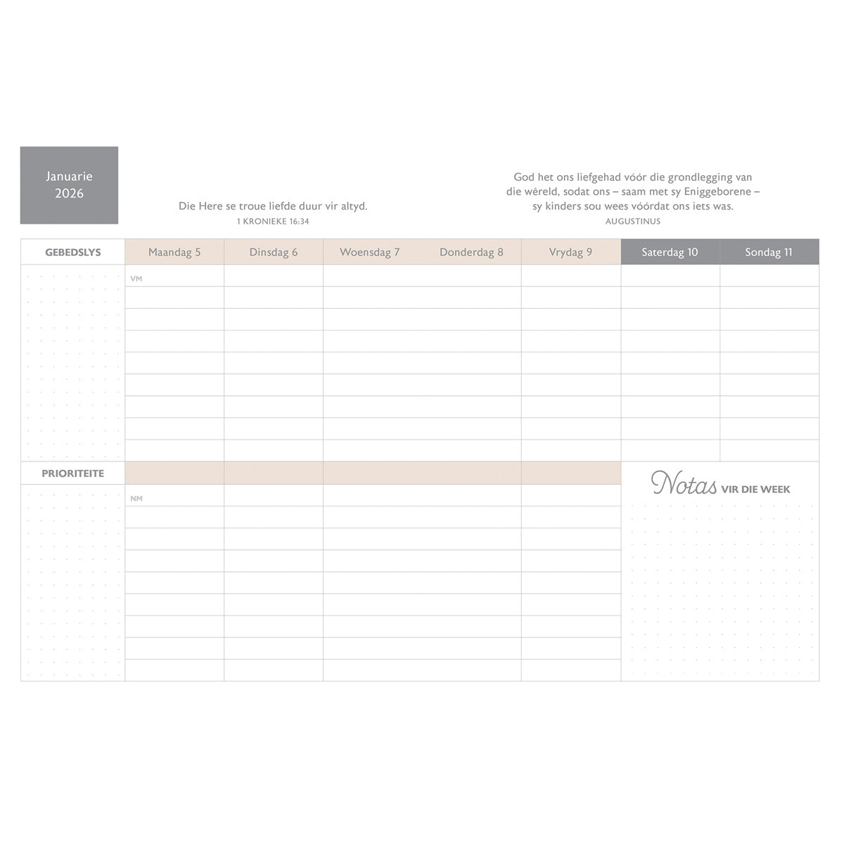 2026 18-Maande Dagbeplanner vir Vroue - Sterkte en Eer - Kunsleer met Rits